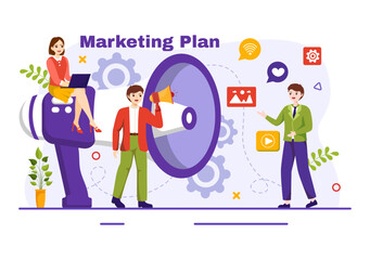Marketing Plan and Business Strategy Vector Illustration with Effective Time Planning and Budget Growth in Target Flat Cartoon Background Design
