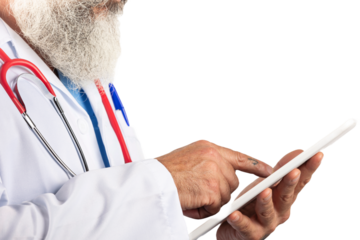 Close up of a male doctor holding a tablet on a transparent background