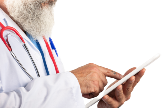 Close up of a male doctor holding a tablet on a transparent background
