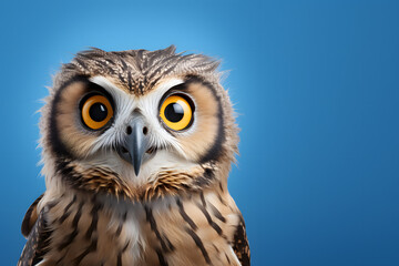 Fototapeta premium cute owl, isolated on blue background.