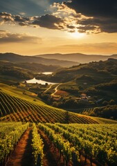 Naklejka premium Ripe grapes in vineyard at sunset, Tuscany, Italy.Charming Vineyards in the Morning Sun Charming Vineyards Bathed in the Warm Light of the Morning Sun
