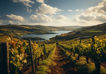 Naklejka premium Ripe grapes in vineyard at sunset, Tuscany, Italy.Charming Vineyards in the Morning Sun Charming Vineyards Bathed in the Warm Light of the Morning Sun