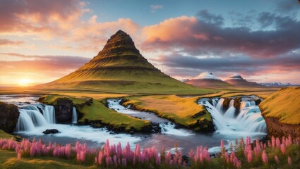 A sunset over the mountain waterfall