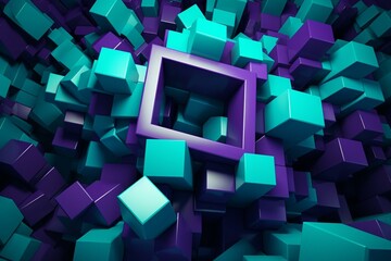 Arrangement of purple and turquoise 3D shapes forming a wall on a tech background with empty space. Generative AI