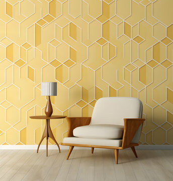 livingroom with honey wallpaper pattern.