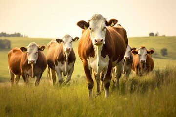 Fototapeta na wymiar Group of cows standing in a grassy field.