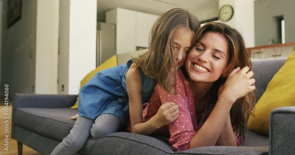 Sticker Apartment, mother and girl on a couch, hug and happiness with weekend break, bonding and love. Family, parent and mama with child, kid on a sofa or cheerful with rest, relax and home with mom and joy