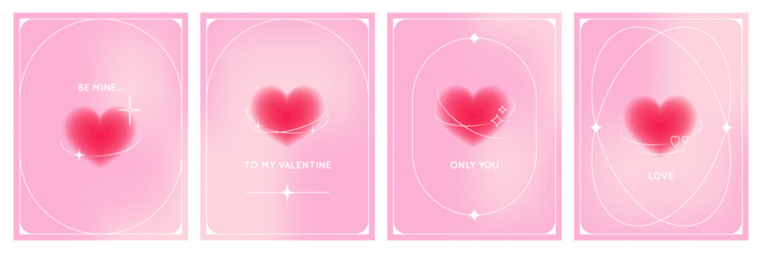 Set of y2k gradient poster with aura red heart shape, frame and dust noise texture. Valentine&rsquo;s Day concept. Retro aesthetic vector banner.