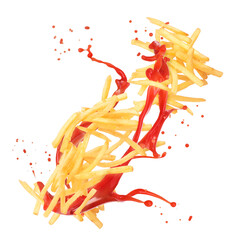 Splash of ketchup and french fries on white isolated background - obrazy, fototapety, plakaty