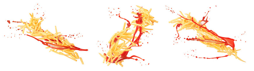 Set of ketchup and french fries splash on white isolated background