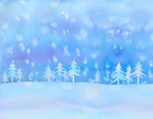 Fototapeta na wymiar 水彩で描いた雪降る夜の森のイラスト。もみの木が並ぶ静かな光景。