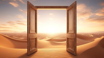 The opened door on the desert. Unknown and start up concept.