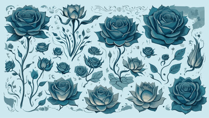 Winter Floral Patterns, Hand-Drawn Roses Clipart
