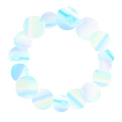Fototapeta na wymiar 水彩で描いた丸で形作った円形フレーム。さわやかで透明感のある背景イラスト。