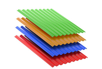 Fototapeta premium 3D illustration of the stack or group of stacked color metal steel profile sheets for roof and roofing construction industry isolated on white background