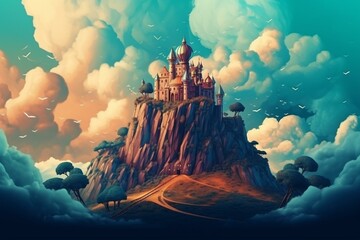 Fantasy backdrop with fortress in the sky above a tiny landmass. Generative AI - obrazy, fototapety, plakaty