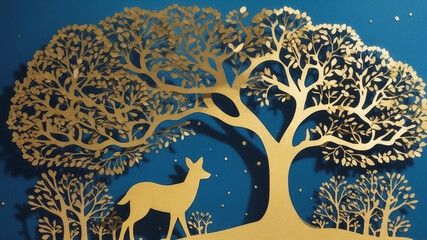 paper cut golden tree and deer on the blue background