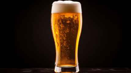 Glass of fresh and cold beer on dark background