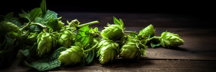 Fresh cones of green hops on the wooden background. - obrazy, fototapety, plakaty