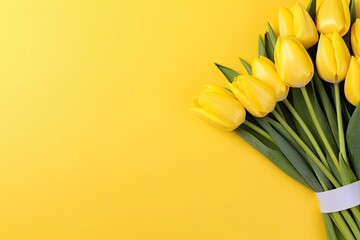 Top view design of holiday greeting tulip flower bouquet on bright yellow Background.