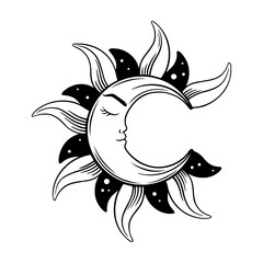 Tarot crescent moon sketch. Aesthetic tarot moon with face. Vector illustration isolated in white background