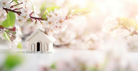 Obraz na płótnie Canvas Toy house and cherry flowers, spring abstract natural background.