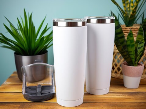 White stainless steel sublimation blank tumblers with straw, product shot.