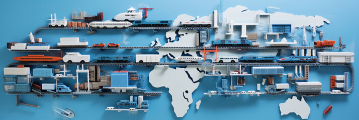 Integrated Logistics Universe  Container Cargo, Air, Rail, and Maritime Transport in a Global Business Concept - obrazy, fototapety, plakaty
