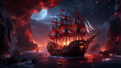 high quality, 8K Ultra HD, high detailed, Crimson Magma Pirate Expedition, Embark on a breathtaking 8K photorealistic wallpaper, where a majestic pirate ship sets sail above the fiery crimson  - obrazy, fototapety, plakaty