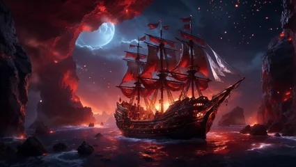 Poster high quality, 8K Ultra HD, high detailed, Crimson Magma Pirate Expedition, Embark on a breathtaking 8K photorealistic wallpaper, where a majestic pirate ship sets sail above the fiery crimson  © Love Muhammad