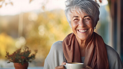 A joyful senior woman enjoying a cup of coffee at home and laughing in an autumn day.