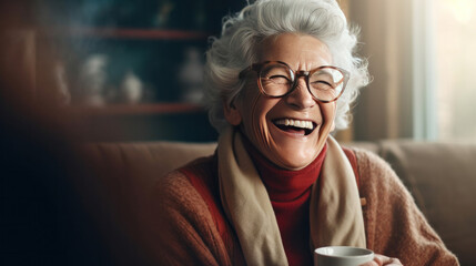A joyful senior woman enjoying a cup of coffee at home and laughing in an autumn day.