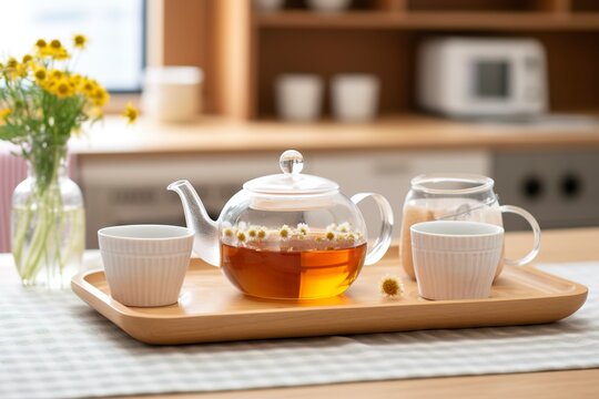 Wooden tray with teapot, cups of natural chamomile tea and flowers on table.