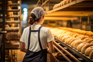 Back view of a worker in bakery, baked loaves of bread on the conveyor belt