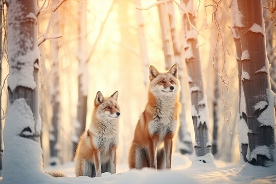 Two Foxes In Winter Forest