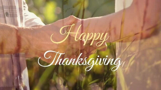Animation of happy thanksgiving text banner against mid section of senior couple holding hands