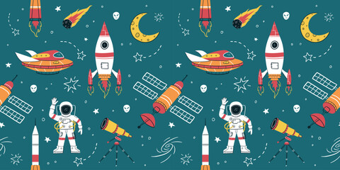 childish space seamless pattern for fashion clothes, fabric, t shirts. hand drawn vector illustration.