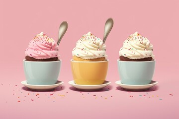 Three cups with varying ice cream flavors, topped with sprinkles, and accompanied by spoons. Generative AI