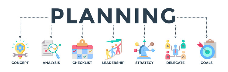 Planning banner web icon vector illustration concept with an icon of concept, analysis, checklist, leadership, strategy, delegate, and goals