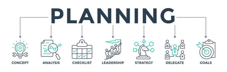 Planning banner web icon vector illustration concept with an icon of concept, analysis, checklist, leadership, strategy, delegate, and goals