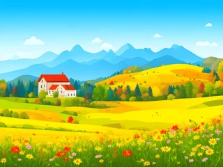 Deurstickers illustration of landscape with mountains and trees © MuhammadHassan