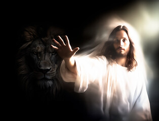 The King's Healing Touch: Jesus, Christ the Lord, the Mighty Lion of Judah.  Religion Art. - obrazy, fototapety, plakaty