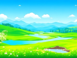 Obraz premium Illustration of landscape with lake and grass cartoon background
