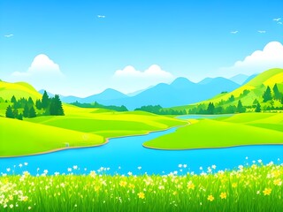Illustration of landscape with lake and grass cartoon background