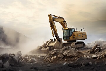 A large construction excavator vehicle on a large rock pile