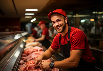 butcher shop, a young man stands poised behind the meat counter, an emblem of dedication to his craft