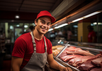 butcher shop, a young man stands poised behind the meat counter, an emblem of dedication to his craft