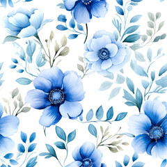 Seamless pattern Blue flowers and leaves swirling isolated on a white background ,water color