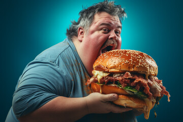 Overweight man eating a delicious hamburger - Powered by Adobe