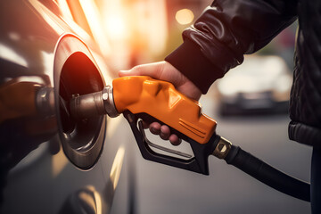 man's hand grips a gasoline fuel nozzle, refuels his car with care, essential connection between humans and their vehicle ready to embark on new journeys - obrazy, fototapety, plakaty